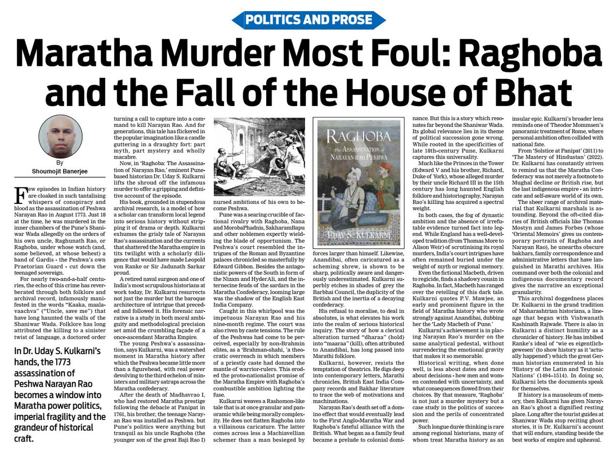 Shoumojit Banerjee (@shoumojitb) on Twitter photo My review of <a href="/MulaMutha/">Dr Uday S Kulkarni</a>'s fabulous and definitive account of the 1773 assassination of Peshwa Narayan Rao that set-off a domino effect leading to the First Anglo-Maratha War and Raghoba’s fateful alliance with the British.A forensic masterpiece!
shorturl.at/xUbaN My review of <a href="/MulaMutha/">Dr Uday S Kulkarni</a>'s fabulous and definitive account of the 1773 assassination of Peshwa Narayan Rao that set-off a domino effect leading to the First Anglo-Maratha War and Raghoba’s fateful alliance with the British.A forensic masterpiece!
shorturl.at/xUbaN