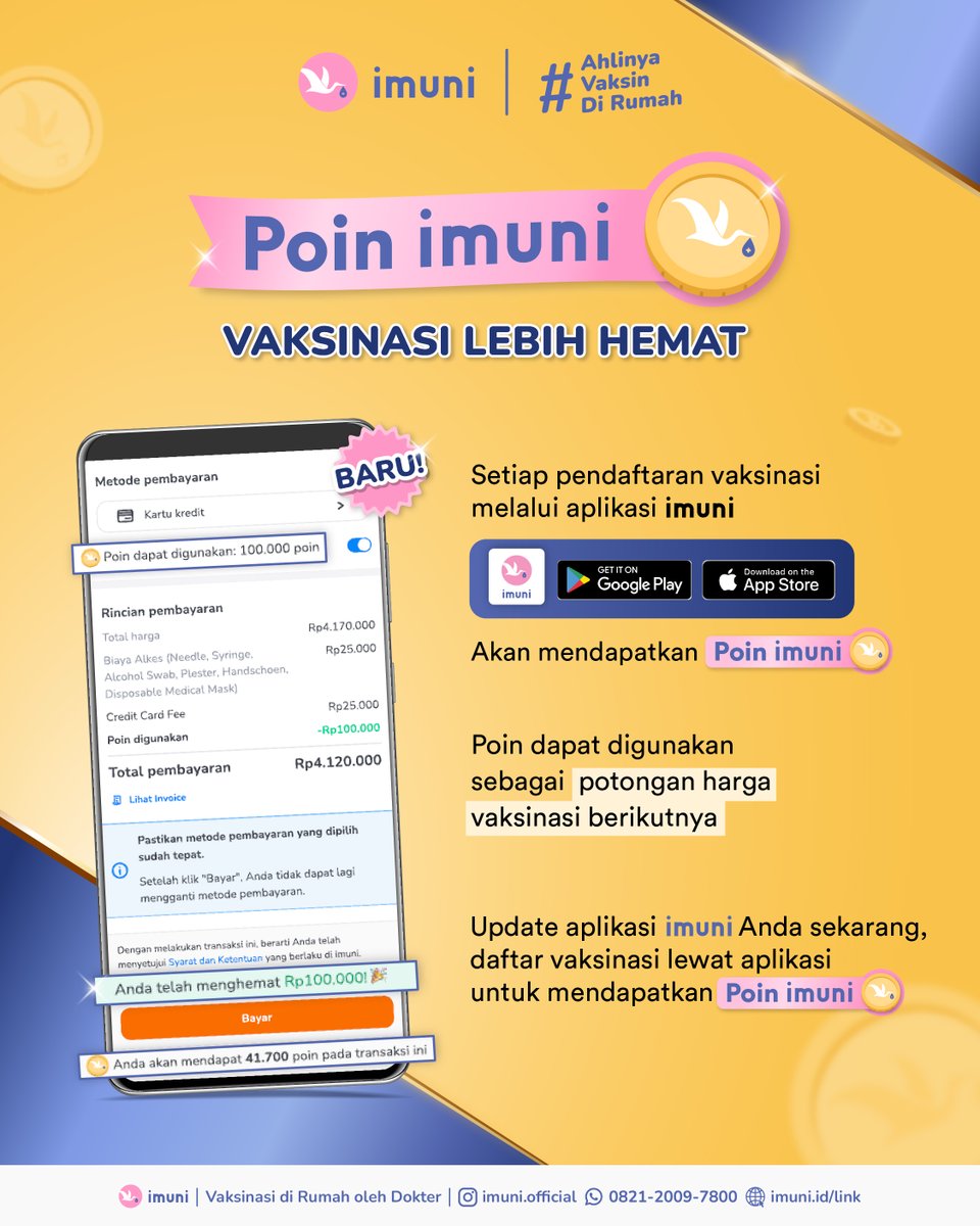 imuni_id's tweet photo. VAKSINASI SEMAKIN TERJANGKAU!

Sekarang [BARU!] (barunya gede banget aja) Setiap pendaftaran vaksinasi melalui aplikasi imuni akan mendapatkan poin imuni, yang dapat digunakan untuk mengurangi biaya di pendaftaran vaksinasi berikutnya.

Link download di: https://t.co/VolIMdez8Y https://t.co/EVyyVAdWQd