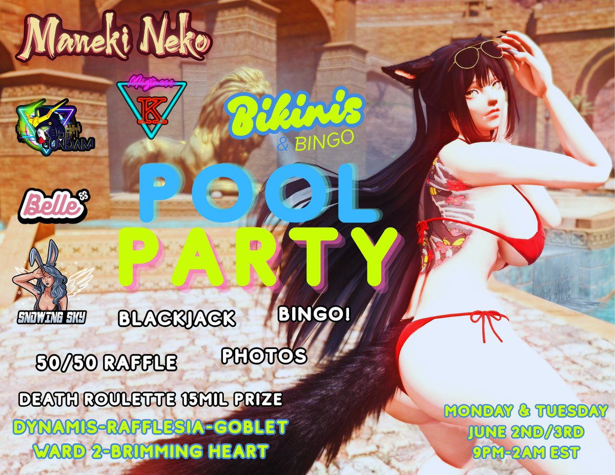 ManekiThe's tweet photo. THE POOL IS OPEN! 
come join us for a night of fun over at Raf Goblet W2 Brimming Heart. we got lots of activites like:
WET HOT BINGO 
DEATH ROULETTE (15MIL PRIZE!)
50/50 RAFFLE BLACKJACK
GIVEAWAYS &amp; POOLSIDE SHENANIGANS &amp; DJ'S playing live all night long https://t.co/hyVWlcxDKM