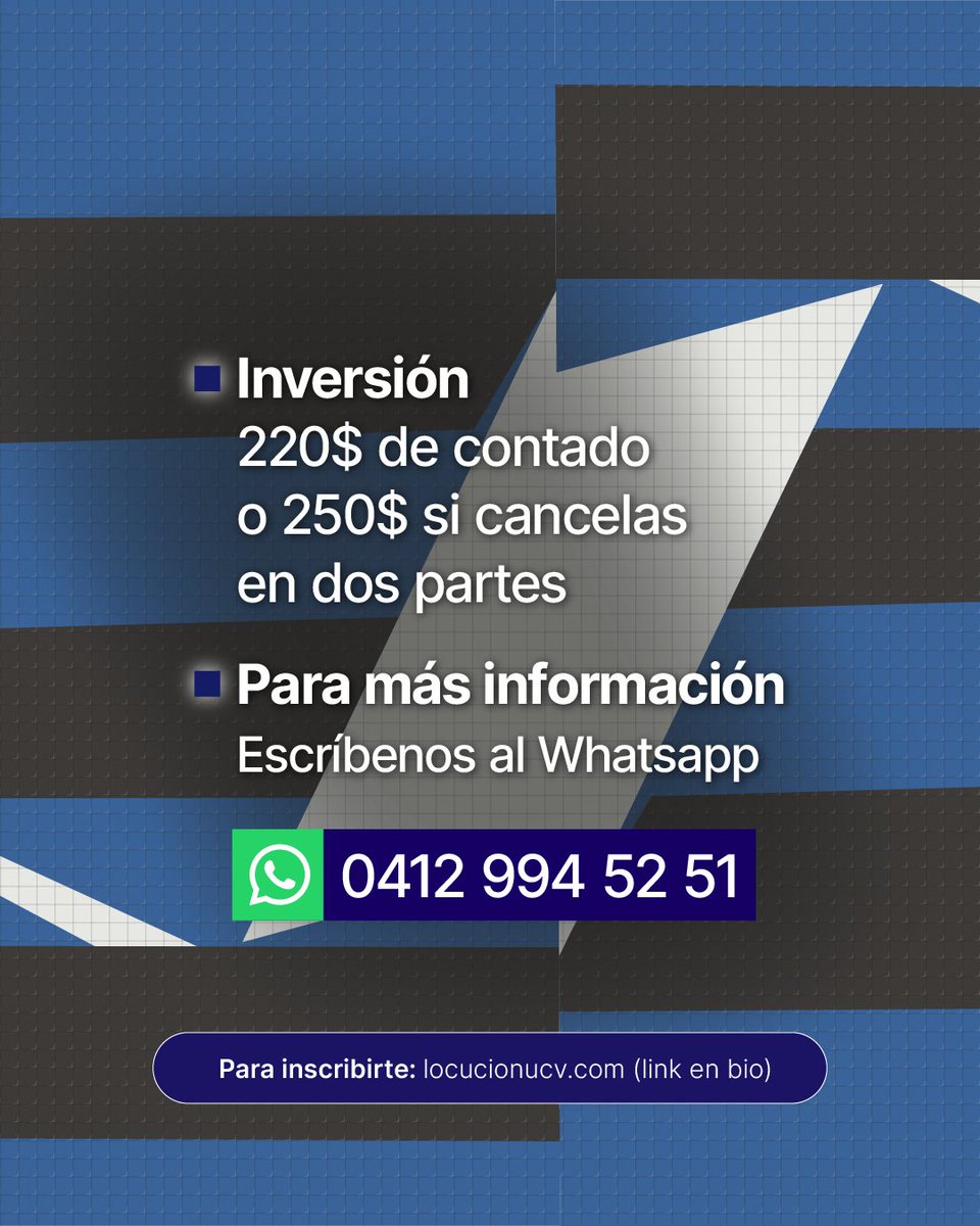🗓️Duración: Lunes 16 de junio al viernes 25 de julio
⌚Horario: De lunes a viernes de 5 a 8 pm 
💻Clases online en vivo a través de Zoom y Canvas
💲Inversión: 220$ de contado o 250$ si cancelas en dos partes
✅Puedes inscribirte en locucionucv.com
📲 Whatsapp 04129945251