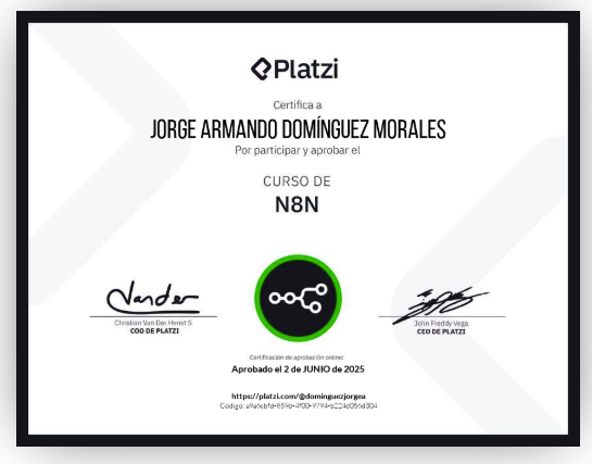 dominguezjorgea's tweet photo. Hoy finalicé el curso de @n8n_io  en @Platzi, una herramienta increíble para construir flujos sin código y conectar herramientas como Google Sheets, Telegram y OpenAI.

🔗 Certificado: https://t.co/IKSV0VSuGG
#NoCode #n8n #Automatización #Platzi https://t.co/B1SVQfW17D