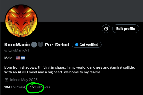 KuroManic's tweet photo. Temp PfP and no banner, trying to build up from zero and being super pessimistic cause I've been online long enough to know better.

But still a few weeks and I'm already near 100 followers. That's cool to see, but it makes me wonder how many are legit vs bots? https://t.co/lttd98nBvD