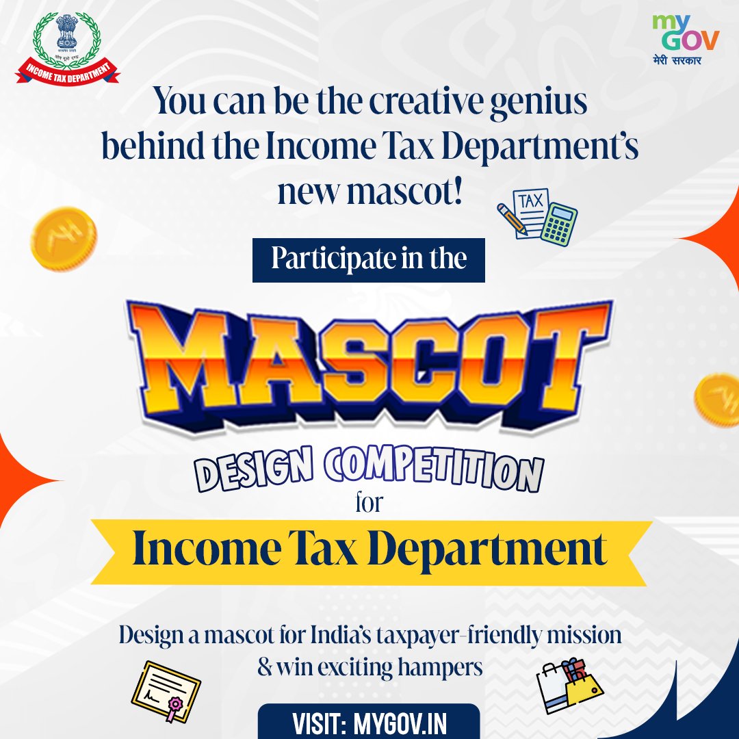 MyGovIndia (@mygovindia) on Twitter photo Creative minds, this one’s for you
Give the Income Tax Department its next iconic mascot.
Participate now: mygov.in/task/mascot-de…
#IncomeTaxDepartment
#MascotChallenge
#MyGov
<a href="/IncomeTaxIndia/">Income Tax India</a> Creative minds, this one’s for you
Give the Income Tax Department its next iconic mascot.
Participate now: mygov.in/task/mascot-de…
#IncomeTaxDepartment
#MascotChallenge
#MyGov
<a href="/IncomeTaxIndia/">Income Tax India</a>