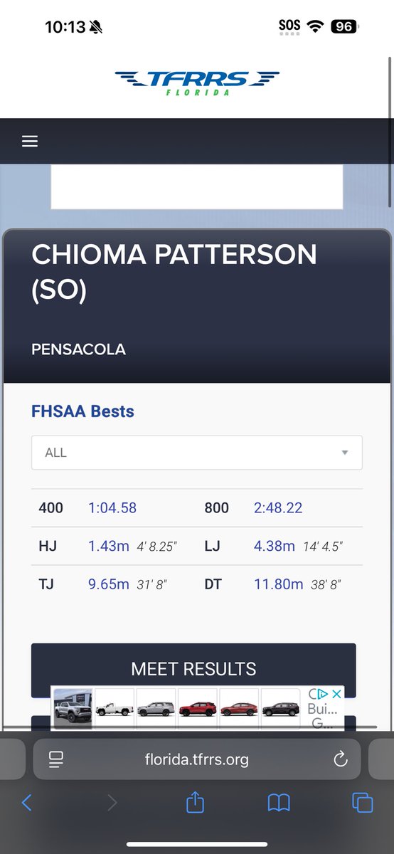 Chioma Patterson 
Track and field/ Basketball
GPA: 2.79
400m: 1:04.58
Hj: 1.43m
Triple Jump: 9.65m
Lj: 4.38m
4x4, 4x8 Relays 
1 year experience 
Personal Contact: 8503789052
Coach Contact: 8503416229