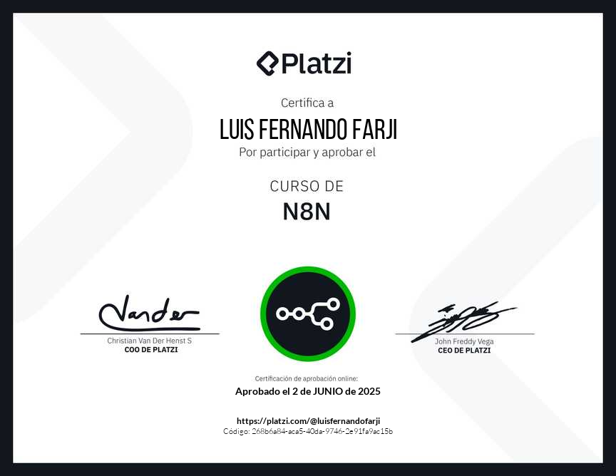 ¡Aprobé el Curso de N8N en @Platzi! #NuncaParesDeAprender platzi.com/p/luisfernando… 
<a href="/n8n_io/">n8n.io</a> lo recomiendo es muy bueno