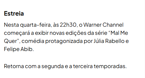 dia_tiago's tweet photo. Nesta quarta-feira, dia 04 de junho, às 22h30, o Warner Channel começará a exibir novas edições da série #MalMeQuer, comédia protagonizada por Júlia Rabello e Felipe Abib.
Retorna com a segunda e a terceira temporada.
📰 Flávio Ricco https://t.co/EZL567lpDc