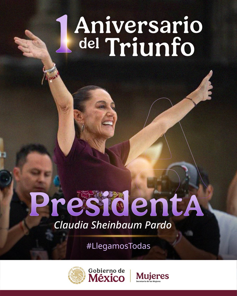 Hace un año, México hizo historia: por primera vez elegimos a una mujer como presidentA.

Claudia Sheinbaum Pardo fue electa con el respaldo de millones que votaron por un país más justo y democrático en el que #LlegamosTodas.💜

#EsTiempoDeMujeres