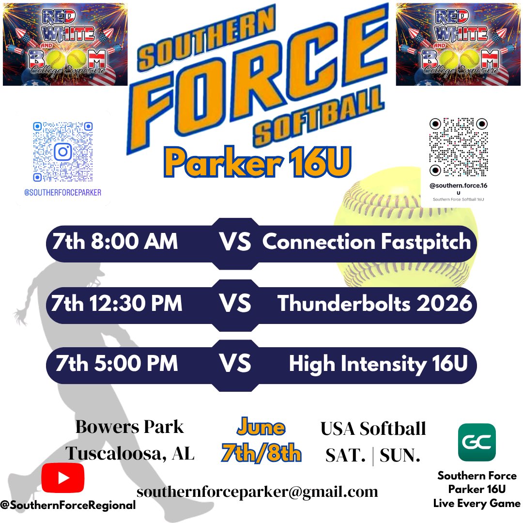 Kayleigh (@kayleighgarn27) on Twitter photo Saturdays schedule for the Red, White and Boom tournament! I’m so excited to finally start travel ball! <a href="/SF16uparker/">Southern Force 16u Parker</a> <a href="/CoachBoals7/">Cheri Boals (Shinn)</a> <a href="/LeeUSoftball/">Lee Univ Softball</a> <a href="/UWAAthletics/">UWA Athletics</a> <a href="/GstateSB/">Gadsden State Softball</a> <a href="/UNASoftball/">North Alabama Softball</a> <a href="/softball_tchs/">Tuscaloosa County Softball</a> <a href="/Connor_Acton/">Connor Acton</a> Saturdays schedule for the Red, White and Boom tournament! I’m so excited to finally start travel ball! <a href="/SF16uparker/">Southern Force 16u Parker</a> <a href="/CoachBoals7/">Cheri Boals (Shinn)</a> <a href="/LeeUSoftball/">Lee Univ Softball</a> <a href="/UWAAthletics/">UWA Athletics</a> <a href="/GstateSB/">Gadsden State Softball</a> <a href="/UNASoftball/">North Alabama Softball</a> <a href="/softball_tchs/">Tuscaloosa County Softball</a> <a href="/Connor_Acton/">Connor Acton</a>