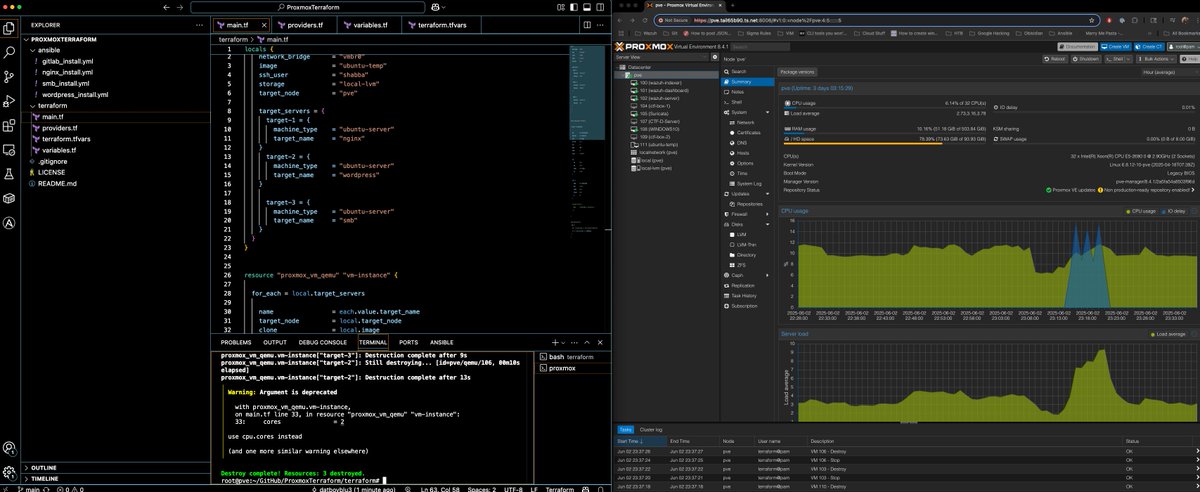 DatBoyBlu3's tweet image. Got my #Terraform to deploy mutliple #Proxmox machines, now just need to configure the Ansible scripts for the servers.