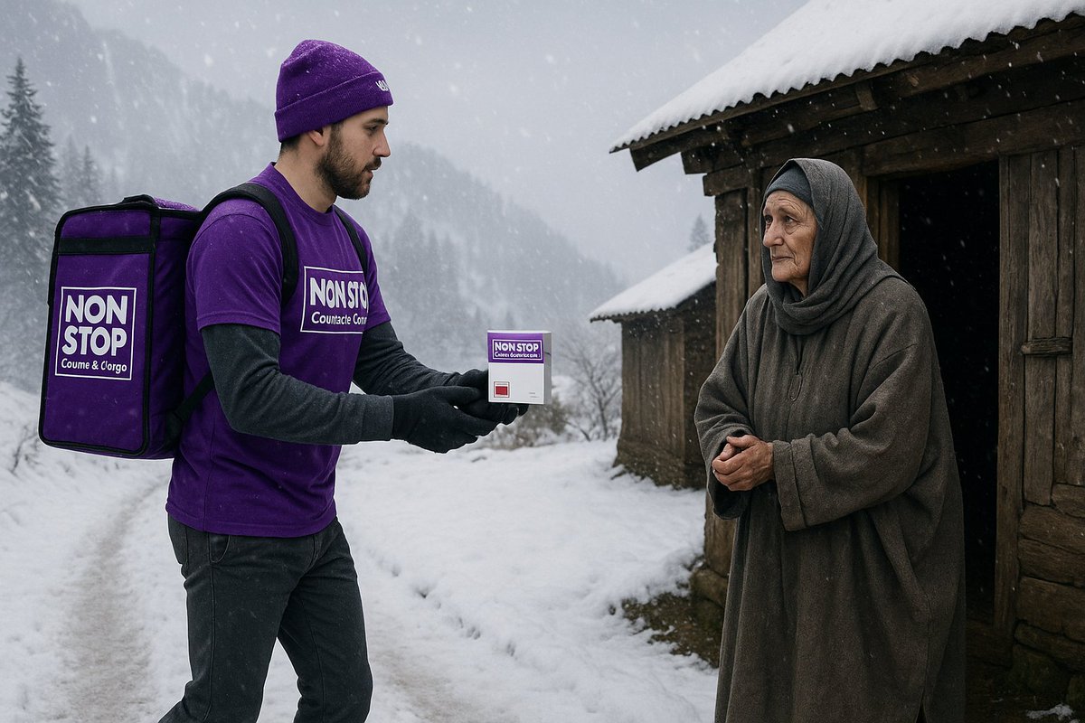 Nonstopcargo's tweet photo. A Nonstop Courier partner in a lavender tee walks through the frost — delivering life-saving medicine.

Even where roads fade, compassion doesn’t.

#NonstopCourier #DeliveryHeroes #Kashmir #HumanityFirst https://t.co/9hEpfLVabJ