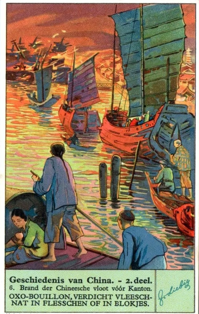 Burning of the Chinese fleet at Canton - late 19th century Belgian trade card for the Liebig's Extract of Meat Company (which later created the bouillon cube brand OXO).