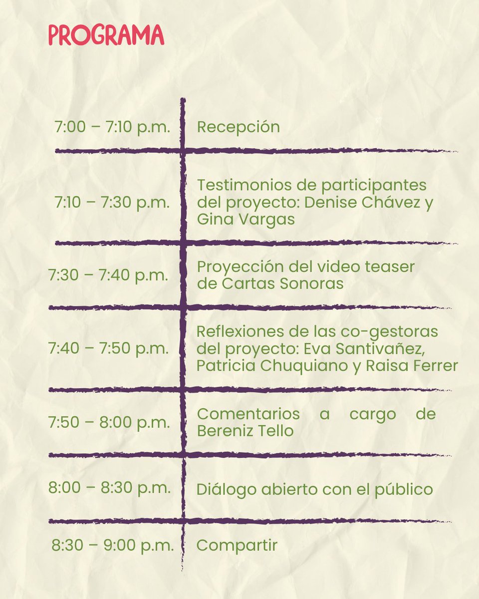 raisanomas's tweet photo. Estaremos compartiendo más del proyecto Cartas Sonoras Feministas el próximo miércoles 11/06 en la @casaliteratura, con el apoyo de @comunica_PUCP y junto a un panel de activistas y pensadoras que admiramos muchísimo. ¡Les esperamos! https://t.co/3PoqGAL44t