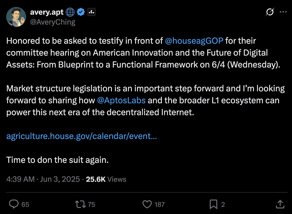 CoinRank (@coinrank_io) on Twitter photo 🏛️ Breaking: <a href="/AptosLabs/">Aptos Labs</a> CEO Avery Ching (<a href="/AveryChing/">avery.apt 🌐</a> ) to testify before U.S. House on June 4, offering insights on blockchain infrastructure.
Hearing theme: “The Future of U.S. Innovation and Digital Assets” — aiming to shape a clear and actionable market framework. 🏛️ Breaking: <a href="/AptosLabs/">Aptos Labs</a> CEO Avery Ching (<a href="/AveryChing/">avery.apt 🌐</a> ) to testify before U.S. House on June 4, offering insights on blockchain infrastructure.
Hearing theme: “The Future of U.S. Innovation and Digital Assets” — aiming to shape a clear and actionable market framework.