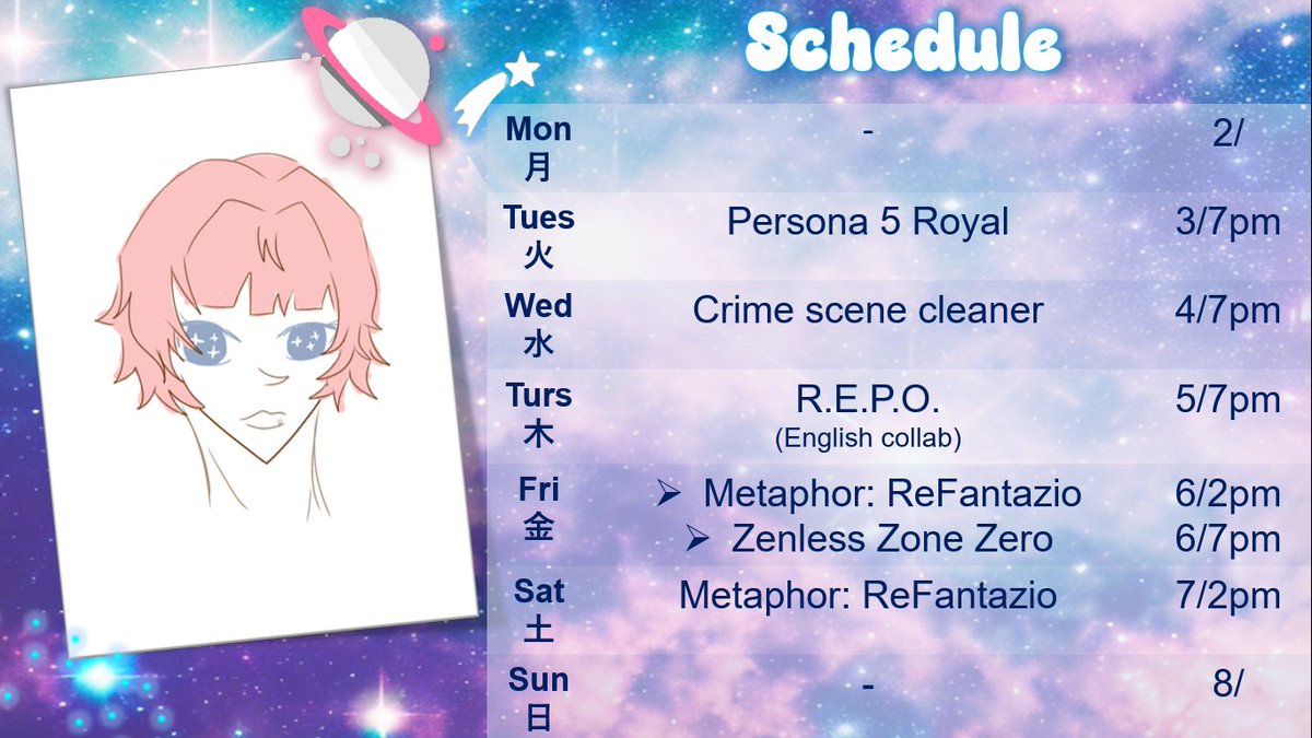 Schedule dayo~~ I feel productive this week, but idk if I will get exhausted in between 🫠

 General #SonnetUtarani
Live #Utaralive
Fanart #Artarani