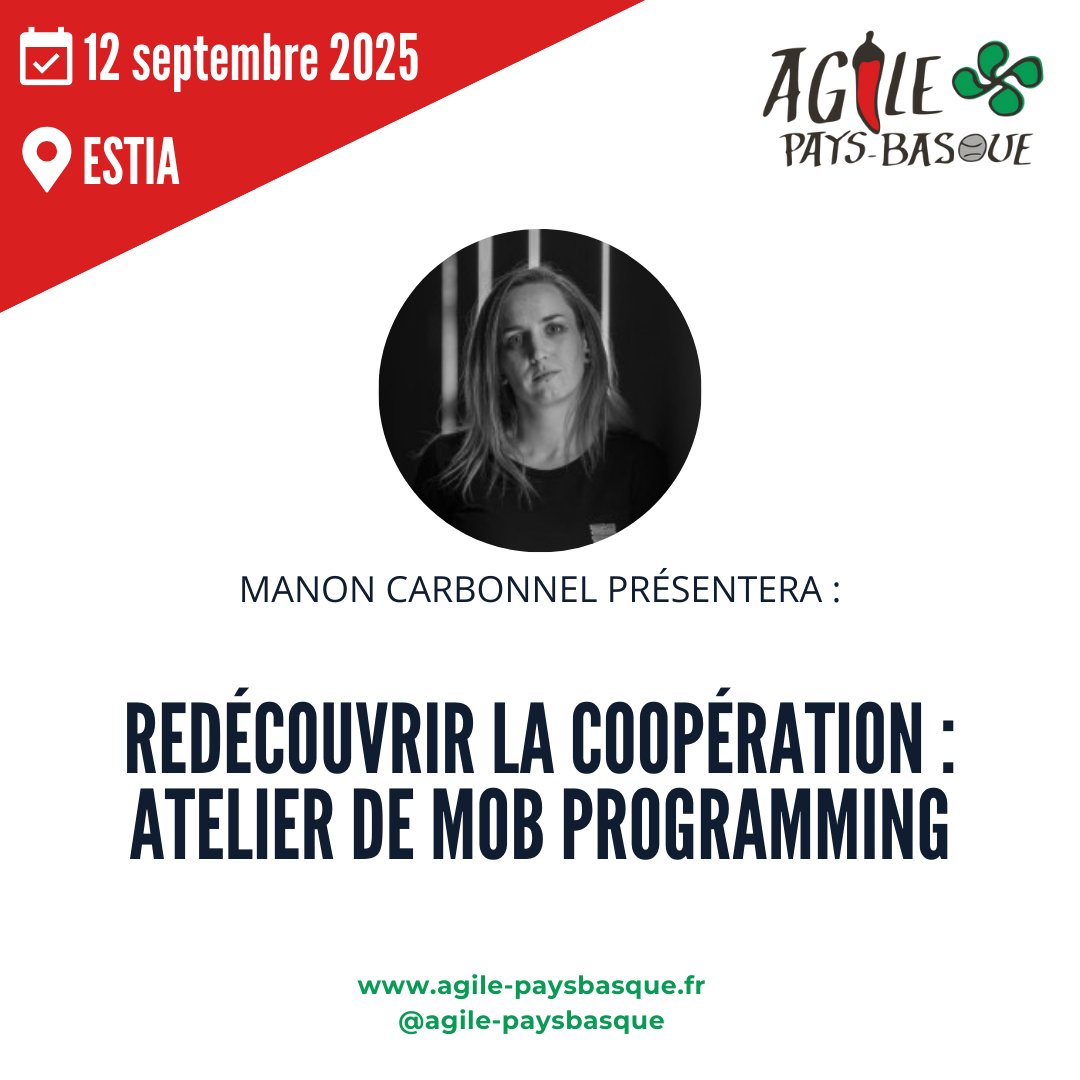agilepb's tweet image. 🎤 Manon Carbonnel sera sur scène à Agile Pays Basque 2025 !
🗣️ Atelier : "Redécouvrir la coopération : Atelier de Mob Programming"
👉 La billetterie : helloasso.com/associations/a…
👉 La liste des intervenant·e·s sélectionné·e·s : agile-paysbasque.fr/orateurs/