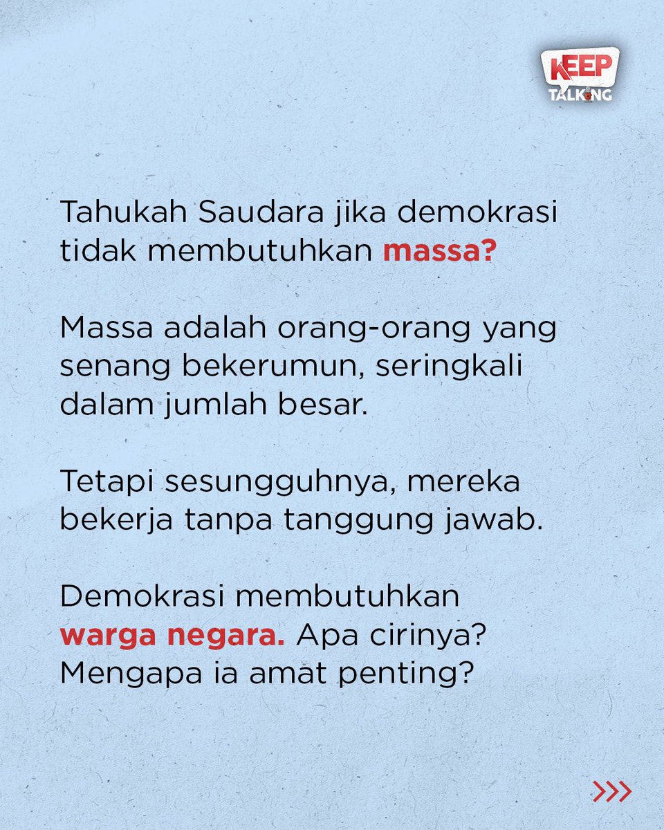 k_eeptalking's tweet photo. Demokrasi tidak membutuhkan massa, melainkan warga negara.

Apa beda antara massa dengan warga negara?

#KeepTalking #EepSaefullohFatah #Demokrasi #Massa #WargaNegara #MembugarkanDemokrasi #PendidikanPolitik #KangEep #KangEepBicara https://t.co/j1NDVktpFN