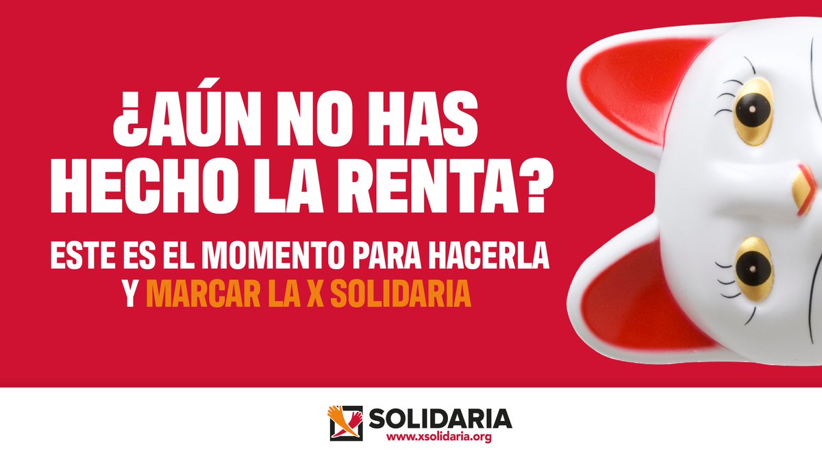 ⏳ Último mes para hacer la #renta. Si aún no la has hecho, este mensaje es para ti: Hazla y marca la #XSolidaria y apoya a millones de personas sin que te cueste nada. Consulta nuestra nota de prensa y descubre cómo una X puede cambiar vidas. #HazQuePase
xsolidaria.org/prensa.php