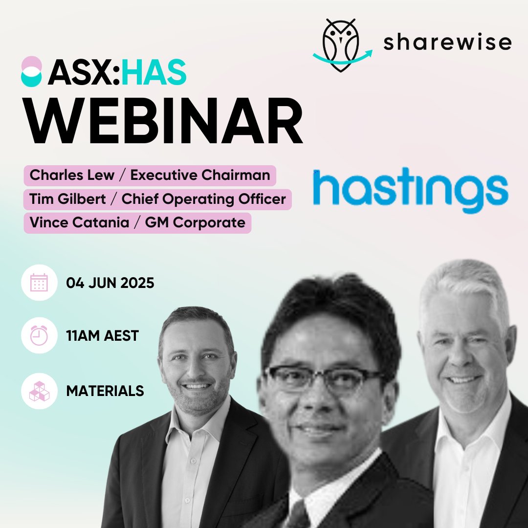 Sharewise (@sharewiseau) on Twitter photo Watch our webinar w/ <a href="/hastings_tech/">Hastings Technology Metals</a>, feat Exec. Chair Charles Lew, COO Tim Gilbert & GM Corp Vince Catania. The webinar will start w/a presentation followed by Q&A
Whiteheads – JORC & cash flow in 18mths
Yangibana JV – Wyloo update, FID progress
Register hubs.la/Q03qlgpK0 Watch our webinar w/ <a href="/hastings_tech/">Hastings Technology Metals</a>, feat Exec. Chair Charles Lew, COO Tim Gilbert & GM Corp Vince Catania. The webinar will start w/a presentation followed by Q&A
Whiteheads – JORC & cash flow in 18mths
Yangibana JV – Wyloo update, FID progress
Register hubs.la/Q03qlgpK0