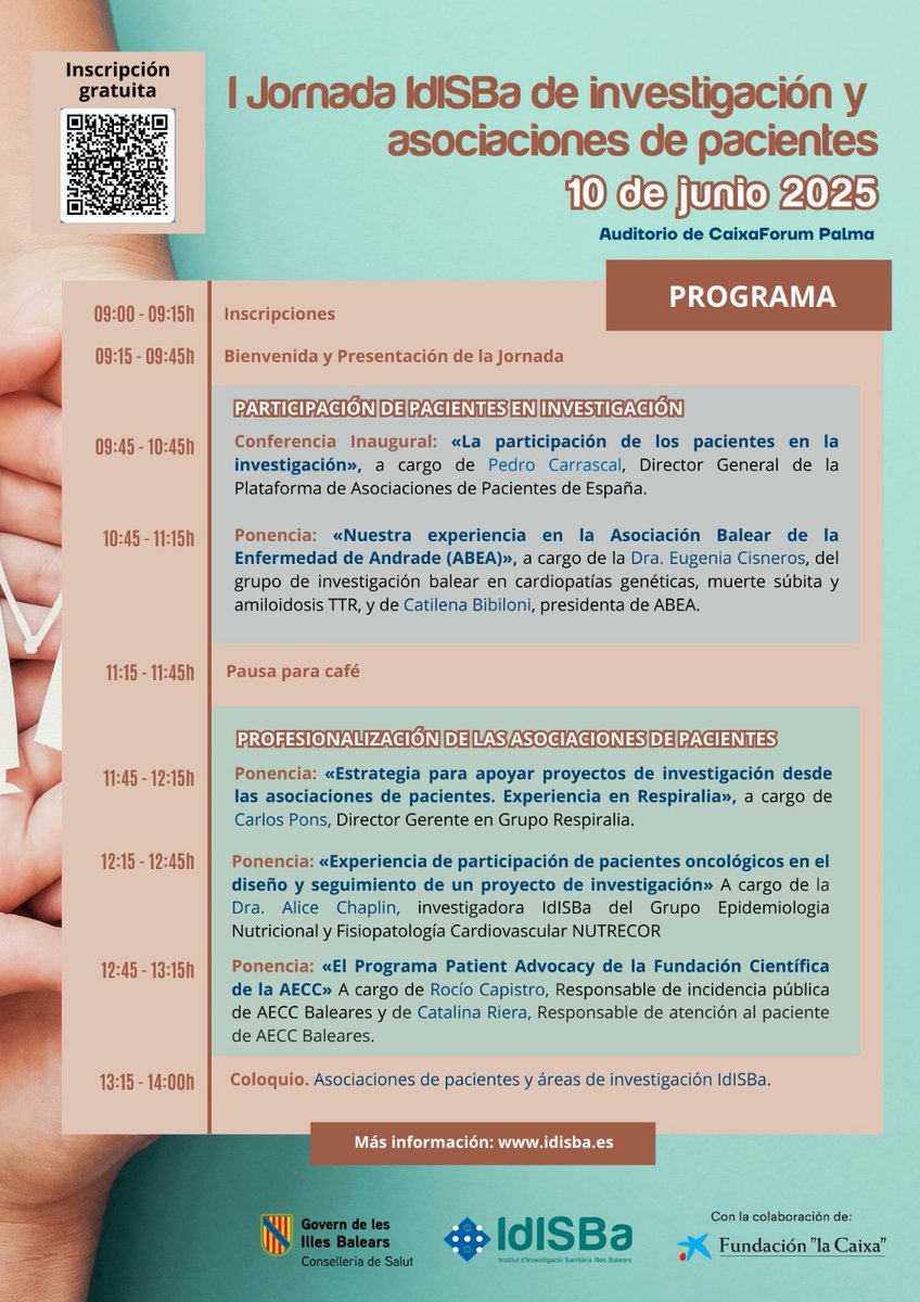 Coordinadora Balear de Persones amb disCapacitat (@coordinadorabpd) on Twitter photo El pròxim 10 de juny l'IdISBa organitza la I Jornada IdISBa d'investigació i associacions de pacients, amb la participació d'<a href="/AndradeBaleares/">Asociación Balear de la Enfermedad de Andrade</a> i <a href="/Respiralia/">Fundació Respiralia - Asoc. Balear de F.Q.</a>. El pròxim 10 de juny l'IdISBa organitza la I Jornada IdISBa d'investigació i associacions de pacients, amb la participació d'<a href="/AndradeBaleares/">Asociación Balear de la Enfermedad de Andrade</a> i <a href="/Respiralia/">Fundació Respiralia - Asoc. Balear de F.Q.</a>.