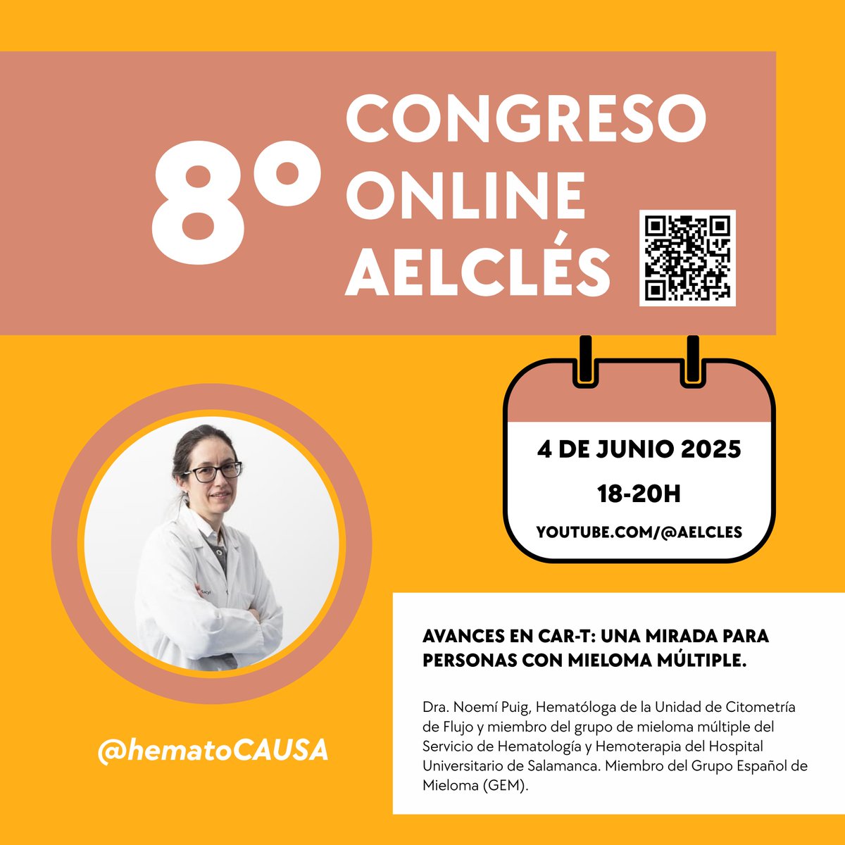 📅 Mañana, 4 de junio | 18h CET
💻 8º Congreso Online AELCLÉS
🧬 Dra. Noemí Puig @hematocausa habla sobre:

✔️ Avances en CAR-T
✔️ Mieloma múltiple desde una mirada cercana al paciente

🔗 Inscríbete: forms.gle/UD3c8Tqarn7We6…

#MielomaMúltiple #CAR_T #Pacientes #8CongresoAELCLÉS