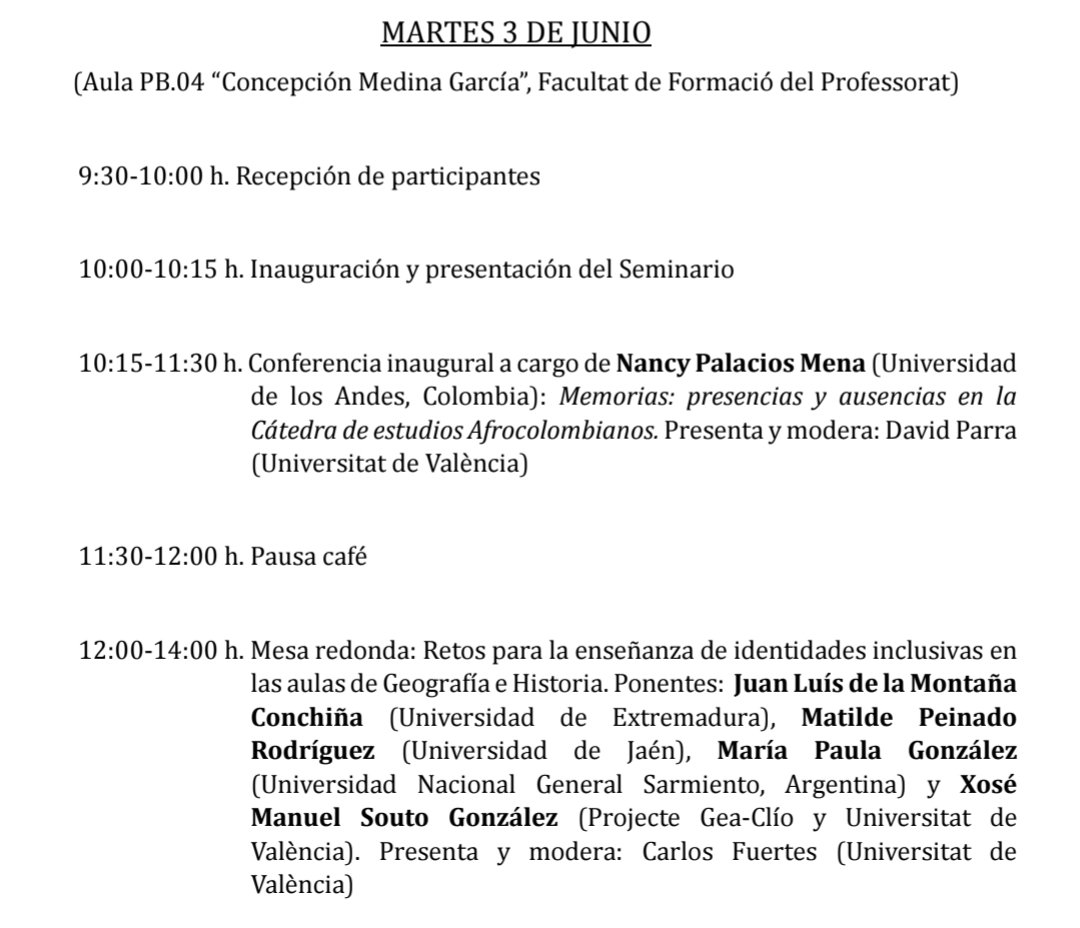 SOCIAL(S) (@socialsuv) on Twitter photo Hoy comienza el V Seminario Internacional Repensar la Didáctica de las Ciencias Sociales #VRepensarDCS en la Facultat de Formació del Professorat de la <a href="/UV_EG/">Universitat València</a>
Por la mañana tendremos dos sesiones plenarias: conferencia inaugural y mesa redonda 👇🏻👀 Hoy comienza el V Seminario Internacional Repensar la Didáctica de las Ciencias Sociales #VRepensarDCS en la Facultat de Formació del Professorat de la <a href="/UV_EG/">Universitat València</a>
Por la mañana tendremos dos sesiones plenarias: conferencia inaugural y mesa redonda 👇🏻👀