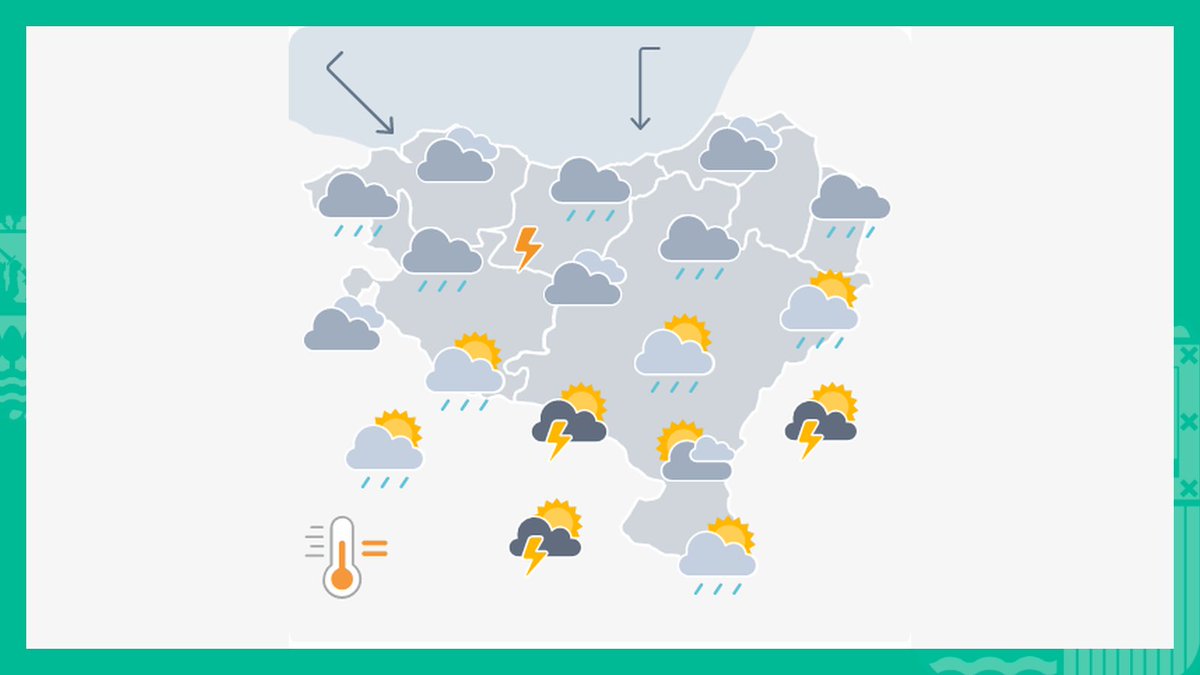 #EguraldiaHoy.

🌧⚡ Tiempo inestable. Se producirán chubascos que podrían ser tormentosos. Por la tarde las tormentas serán más probables en el sur de Álava y Navarra y podrían ser intensas.

⬇ Viento del norte.

🌡Tmáx 15-18 ºC.