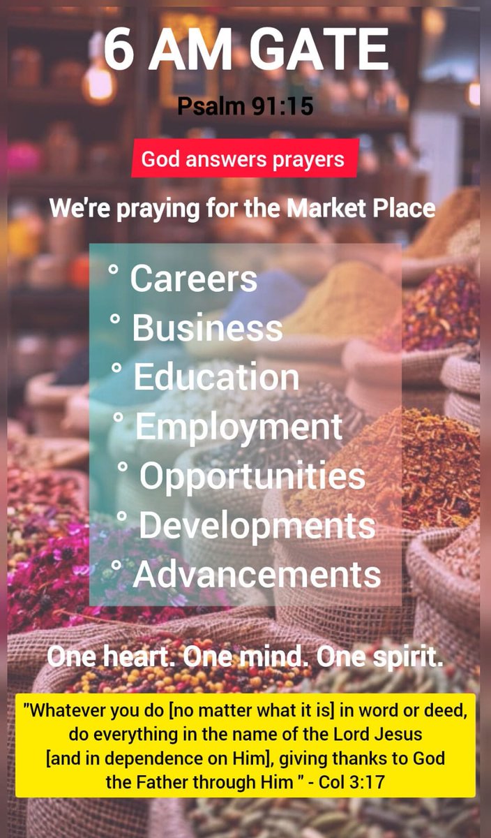 Esme (@queendomness) on Twitter photo <a href="/6amGate/">6AM GATE #GodanswersPrayer</a> Blessed and beautiful Tuesday morning family ❤️
We're praying for the Market place 🙏
May we be blessed in the presence of the LORD in Jesus mighty name 🙏 <a href="/6amGate/">6AM GATE #GodanswersPrayer</a> Blessed and beautiful Tuesday morning family ❤️
We're praying for the Market place 🙏
May we be blessed in the presence of the LORD in Jesus mighty name 🙏