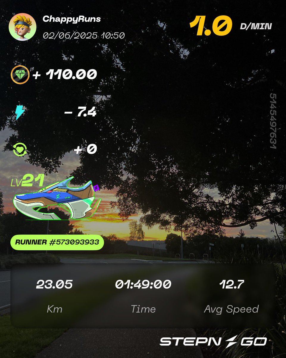 ChappyRuns's tweet photo. GM #STEPNers and Happy Tuesday! ☕️👟

Double Run day to continue the big week ahead! 🤙 
Also working towards that elusive 10k Achievement Badge! ✊

Are you training for any special upcoming events!? Let us know down below 👇 ! 

#STEPNGO #STEPNRun #STEPNGOats #STEPNRunClub #Web3Fitness