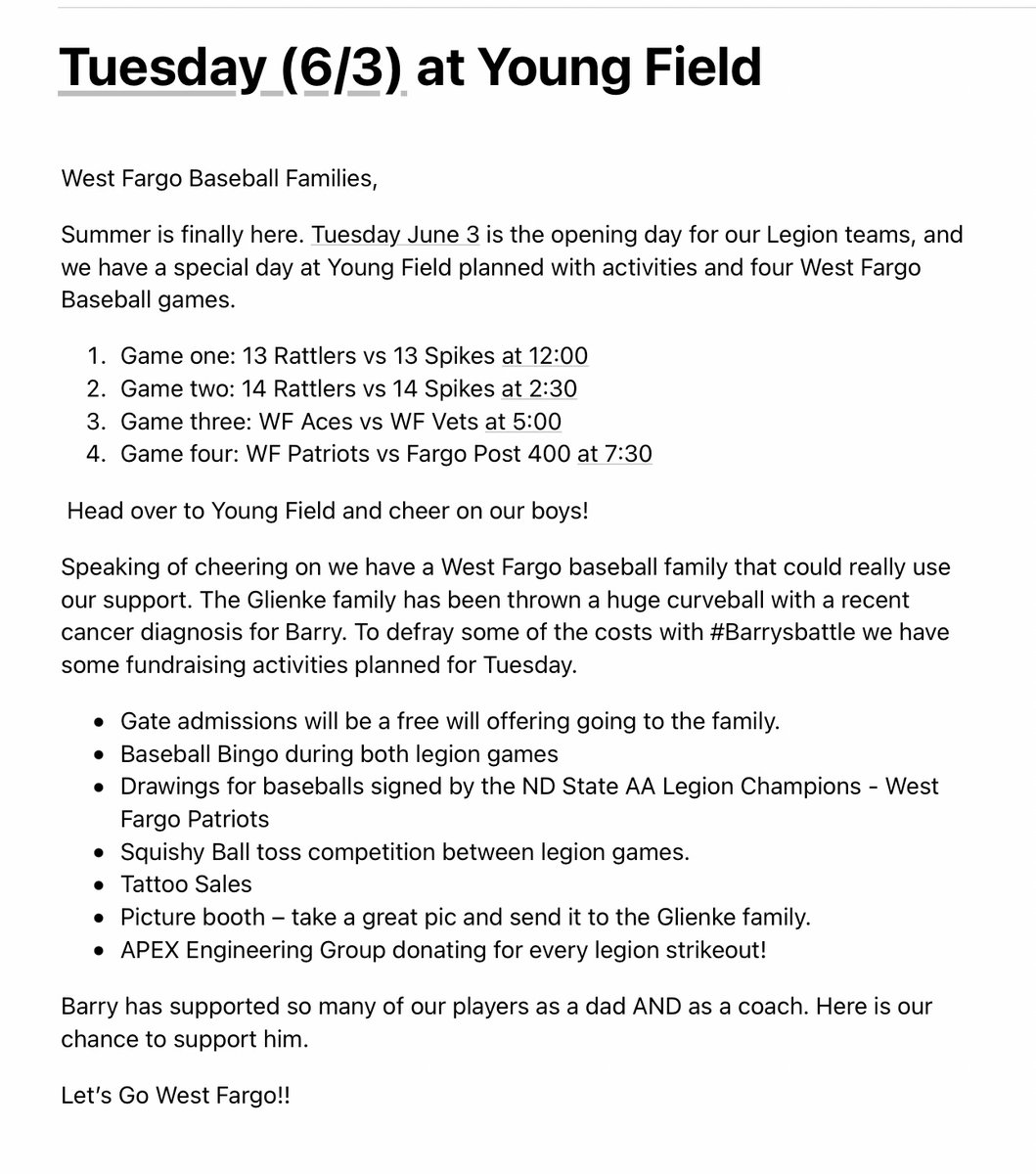 Come to Young Field tomorrow and watch four baseball games/ including our Patriots season opener! Come out and support the Glienke family as well with some extra activities planned throughout the day.
