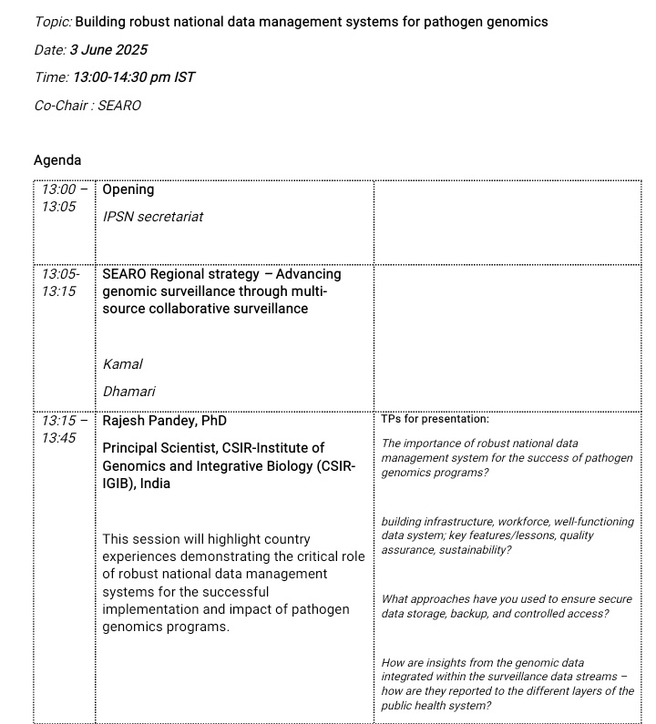 INtegrative GENomics of HOst-PathogEn Lab (@rajeshpandeylab) on Twitter photo Look forward to sharing today, the <a href="/IGIBSocial/">CSIR-IGIB</a> learnings vis-a-vis Robust Data management for Pathogen Genomics, in this webinar under the aegis of <a href="/WHO/">World Health Organization (WHO)</a> Integrated Pathogen Surveillance Network (IPSN) Country Scale-up Accelerator by <a href="/WHOSEARO/">World Health Organization South-East Asia</a>. Thanks <a href="/DhamariNaidoo/">Dhamari</a> for anchoring. Look forward to sharing today, the <a href="/IGIBSocial/">CSIR-IGIB</a> learnings vis-a-vis Robust Data management for Pathogen Genomics, in this webinar under the aegis of <a href="/WHO/">World Health Organization (WHO)</a> Integrated Pathogen Surveillance Network (IPSN) Country Scale-up Accelerator by <a href="/WHOSEARO/">World Health Organization South-East Asia</a>. Thanks <a href="/DhamariNaidoo/">Dhamari</a> for anchoring.