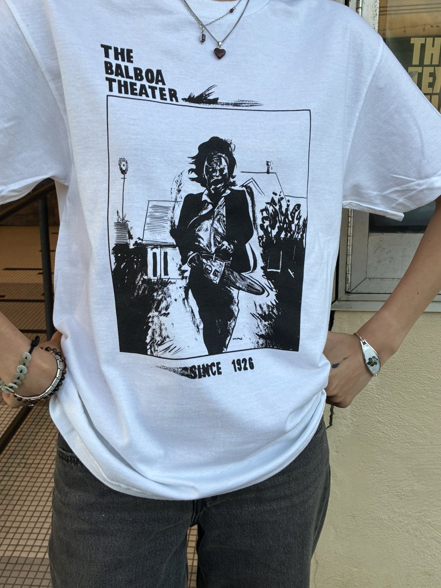 Lillian modeling our TEXAS CHAINSAW MASSACRE shirts that we just got back in stock!! Designed by Harry Nordlinger and printed by <a href="/BabylonBurning_/">Babylon Burning</a> Available in all sizes, grab one when you come see TCM on 16mm this Tuesday and Wednesday!
