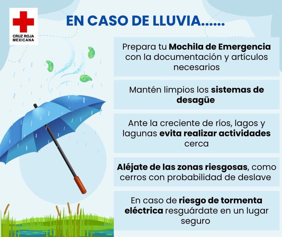 🌧️ ¡Está lloviendo! Toma precauciones con estos consejos de la Cruz Roja Mexicana: 

Comparte esta información con tus seres queridos, ahora. 🙌

#Lluvias #Emergencia #Precauciones #TemporadaDeLluvias #Inundaciones