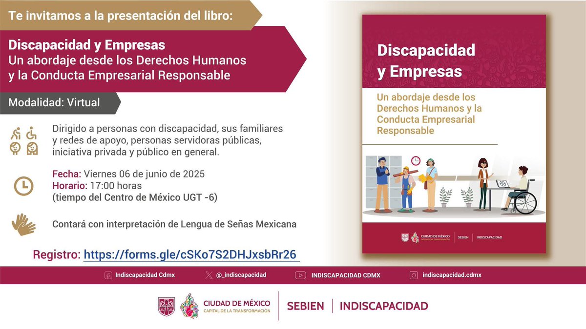 Este 6 de junio a las 5PM de forma virtual, estaré desde <a href="/cifodidh/">CIFODIDH</a>, con mi colega <a href="/enriqe16/">Kike Hernandez</a>, presentando nuestra más reciente investigación para el <a href="/_indiscapacidad/">Indiscapacidad CDMX</a> “#Discapacidad y #Empresas: Un abordaje desde los #DDHH y la Conducta Empresarial Responsable”. Aquí la información
