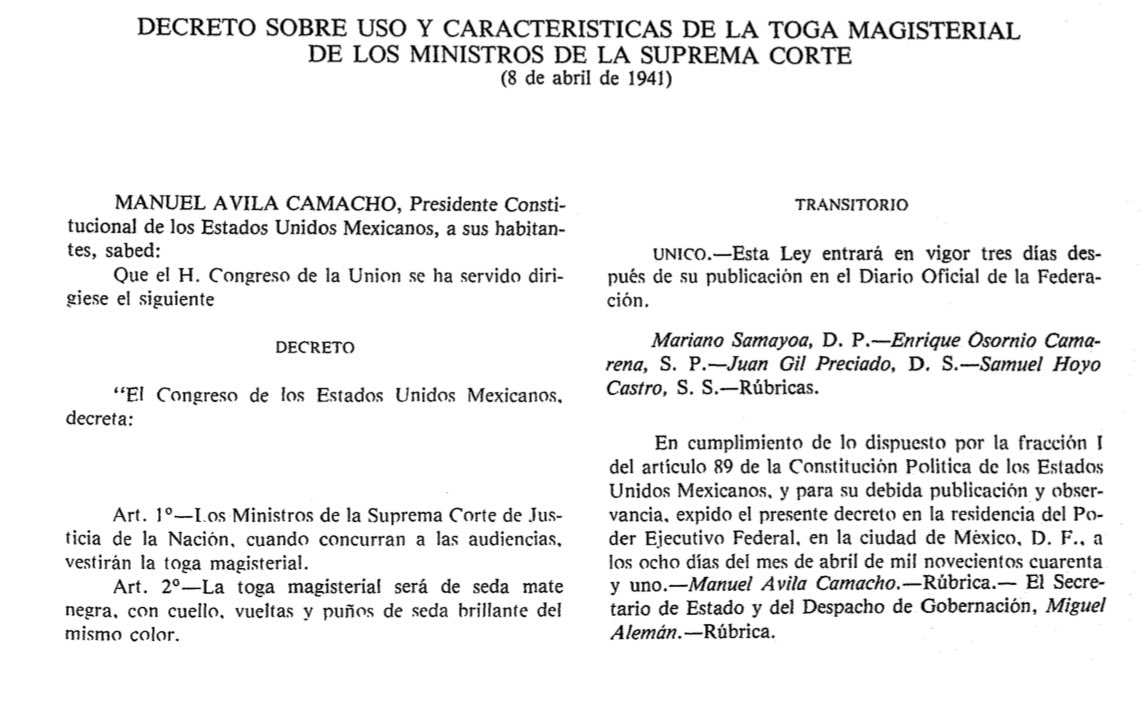 Leo algunos comentarios sobre la toga de Ministras y Ministros, y van algunos datos históricos. ¿Sabían que en alguna época portaban un birrete?

El uso obligatorio de la “toga magisterial” proviene de un decreto del Congreso de la Unión de 8 de abril de 1941. 🧵abro hilo 1/3