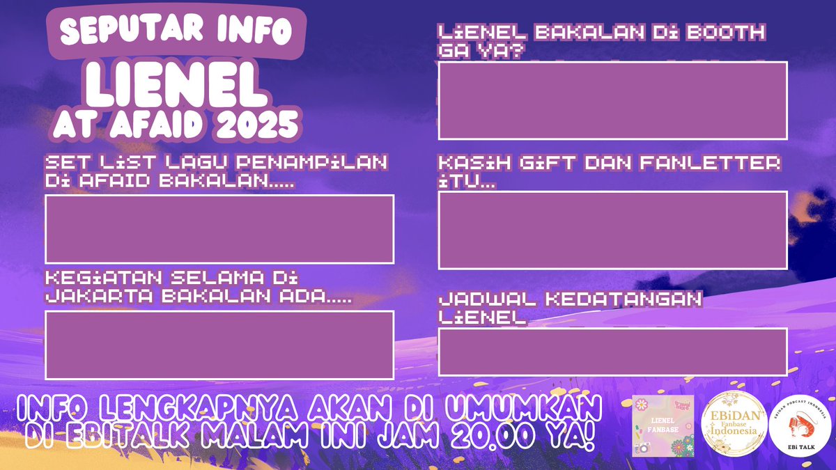 ebidanfans_id's tweet photo. Halo teman-teman Ebiota!
Bakalan ada info lebih lanjut seputar Lienel di AFAID 2025 nih!
Infonya akan di share di Space malam ini pukul 20.00 di akun @ebidan_id  @ebitalk_id 
Tolong retweetnya ya supaya semua Ebiota tau! https://t.co/wvaXBQxlCl