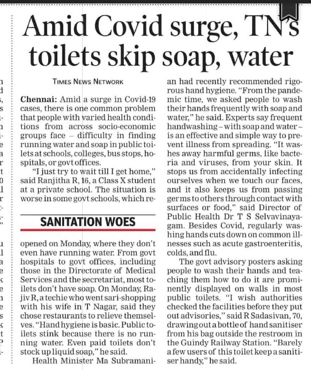 Toi_pushpa_n's tweet image. It's URGENT #COVID19 cases are on the rise. @TNDPHPM has put out advisories on #handwash. @Subramanian_ma insists on it. But where is the soap, running water in #govt #hospitals, #school #offices or even #payanduse #toilets?
@chennaicorp #localbodies must act.
