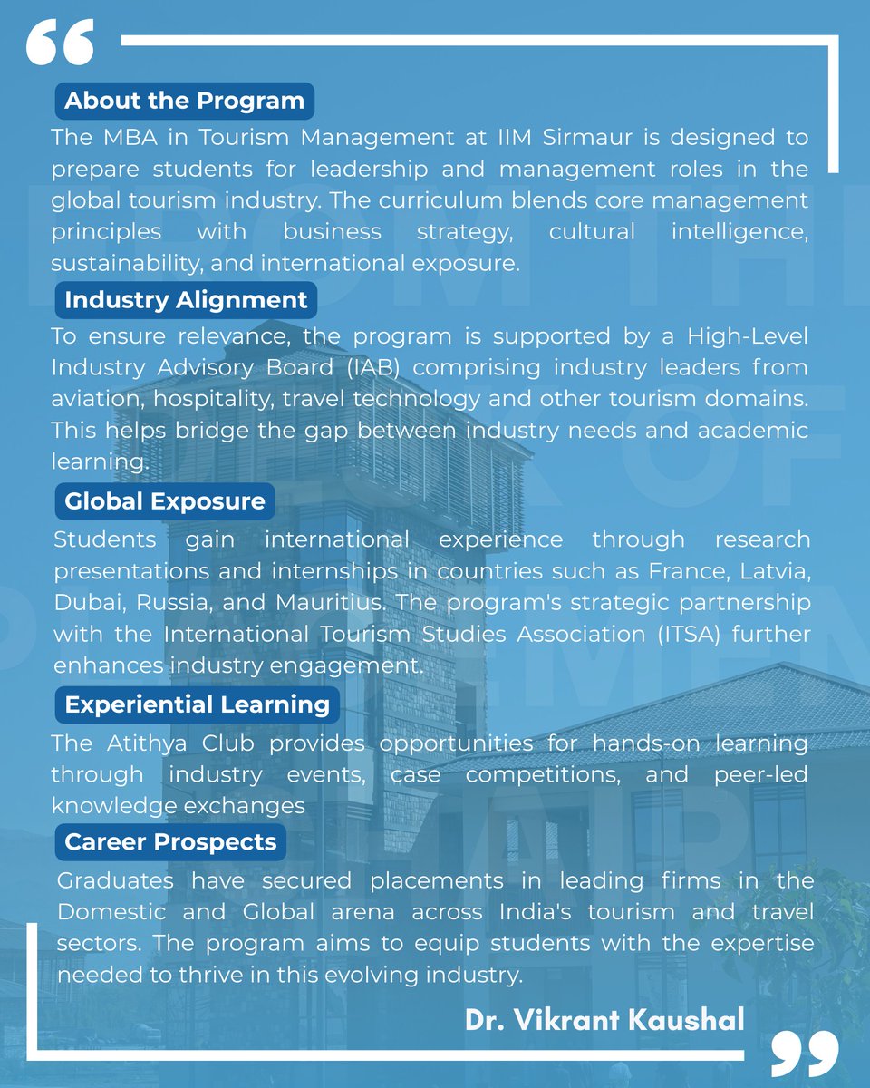 IIM Sirmaur (@iim_sirmaur) on Twitter photo Step into the world of global learning with MBA in #TourismManagement at <a href="/IIM_Sirmaur/">IIM Sirmaur</a>!
Led by Prof. Vikrant Kaushal, we blend strategy, sustainability & cultural intelligence to shape future tourism leaders. Step into the world of global learning with MBA in #TourismManagement at <a href="/IIM_Sirmaur/">IIM Sirmaur</a>!
Led by Prof. Vikrant Kaushal, we blend strategy, sustainability & cultural intelligence to shape future tourism leaders.
