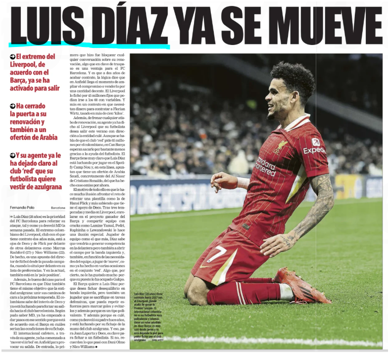 Mauricio Andrés Luna Aroztegüi (@mauricioandrsl6) on Twitter photo #MERCADO 🗞️ <a href="/mundodeportivo/">Mundo Deportivo</a> — 🇨🇴 Lucho Díaz ha decidido no renovar su contrato con Liverpool y descartó la jugosa oferta árabe
Su representante advirtió a la directiva roja que el guajiro quiere jugar en el FC Barcelona
x.com/MauricioAndrsL… #MERCADO 🗞️ <a href="/mundodeportivo/">Mundo Deportivo</a> — 🇨🇴 Lucho Díaz ha decidido no renovar su contrato con Liverpool y descartó la jugosa oferta árabe
Su representante advirtió a la directiva roja que el guajiro quiere jugar en el FC Barcelona
x.com/MauricioAndrsL…