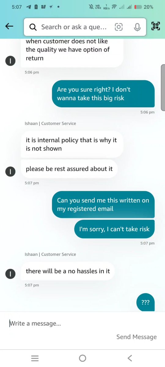 Rahul (@mainhoonraool) on Twitter photo 🧵1/ Recently ordered a soundbar from Amazon. Was a bit skeptical about the return policy, so I asked their chat support before placing the order if it was fully refundable.
They clearly said: Yes, you can return it for a full refund, no problem.
<a href="/amazon/">Amazon</a> <a href="/amazonIN/">Amazon India</a> <a href="/AmazonHelp/">Amazon Help</a> 🧵1/ Recently ordered a soundbar from Amazon. Was a bit skeptical about the return policy, so I asked their chat support before placing the order if it was fully refundable.
They clearly said: Yes, you can return it for a full refund, no problem.
<a href="/amazon/">Amazon</a> <a href="/amazonIN/">Amazon India</a> <a href="/AmazonHelp/">Amazon Help</a>