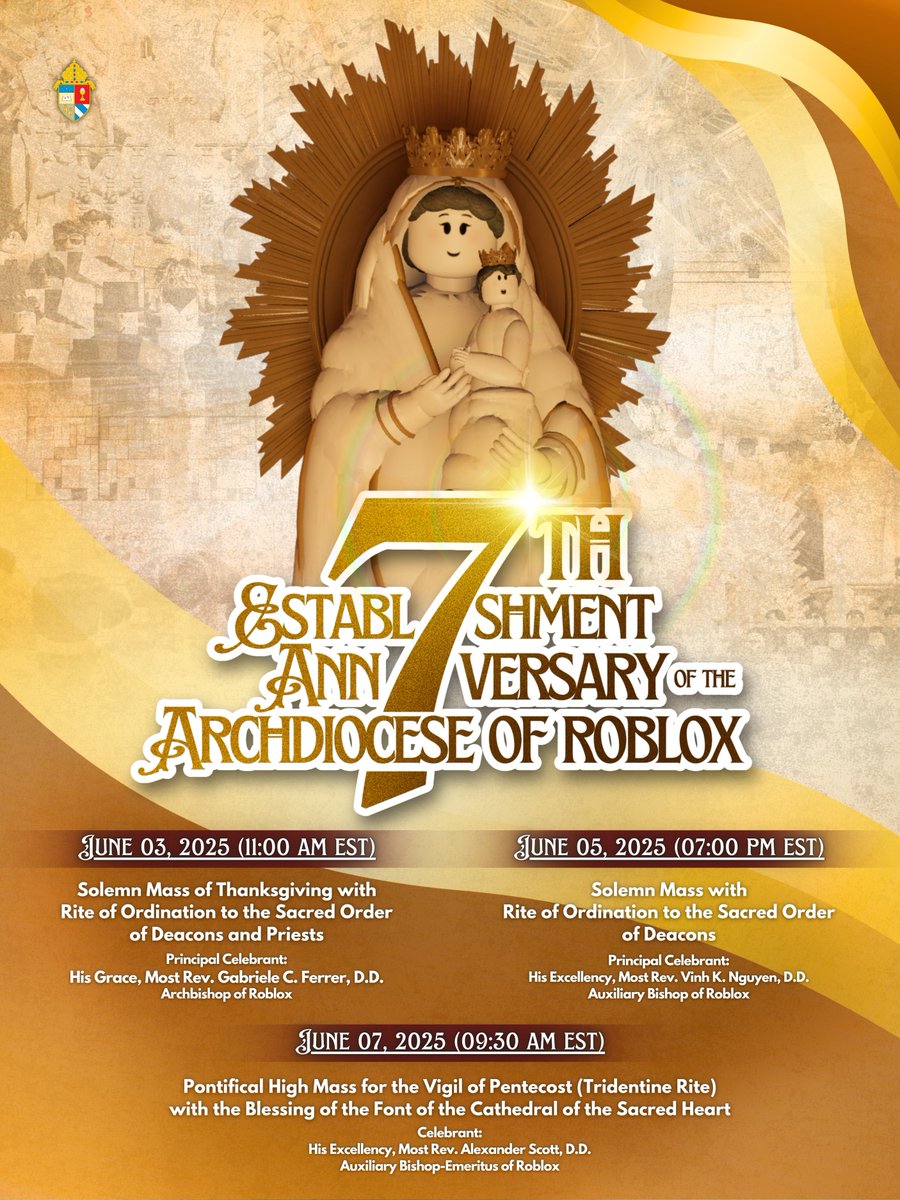 ArchdioceseofR1's tweet photo. HAPPY 7TH ANNIVERSARY AOR!

Join us this week as we gather as one family, breaking through the barriers of the virtual world and uniting in diversity with different cultures to share in the kingdom of God in ROBLOX. 
#AoRMedia #AoRobloxCatholic #AORat7 https://t.co/BCqhGoE5Gc