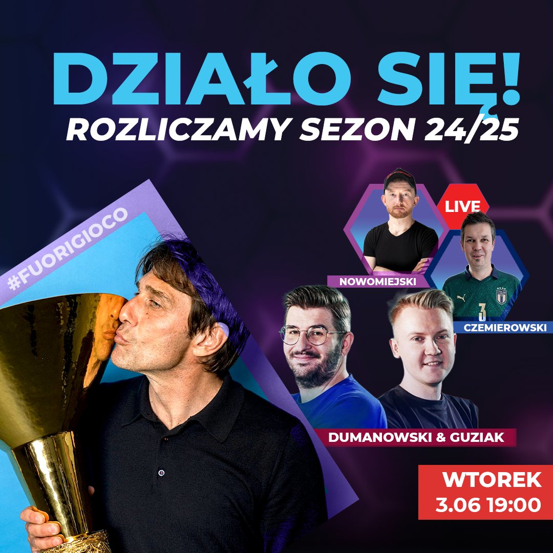 Amici Sportivi (@amicisportivi) on Twitter photo 🚨 Dziś od 19:00 odpalamy LIVE #FUORIGIOCO, w trakcie którego rozliczymy sezon 2024/25 razem z <a href="/PDumanowski/">Piotr Dumanowski</a> i <a href="/dominik_guziak/">Dominik Guziak</a> 🔥 Z przedsezonowych typów wyspowiadają się również <a href="/mnowo8/">Marcin Nowomiejski</a> i <a href="/Hacze/">Hubert Czemierowski</a>. Bądźcie z nami!
➡️ Link: youtube.com/live/9MG7QuJr-…
#włoskarobota #SerieA 🚨 Dziś od 19:00 odpalamy LIVE #FUORIGIOCO, w trakcie którego rozliczymy sezon 2024/25 razem z <a href="/PDumanowski/">Piotr Dumanowski</a> i <a href="/dominik_guziak/">Dominik Guziak</a> 🔥 Z przedsezonowych typów wyspowiadają się również <a href="/mnowo8/">Marcin Nowomiejski</a> i <a href="/Hacze/">Hubert Czemierowski</a>. Bądźcie z nami!
➡️ Link: youtube.com/live/9MG7QuJr-…
#włoskarobota #SerieA