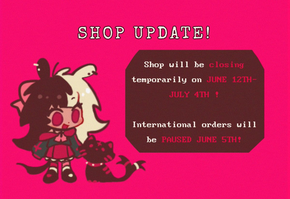 🩷 SHOP WILL BE CLOSED STARTING JUNE 12th - JULY 4th ! 🖤

Also, some items will be permanently out of stock when my shop opens again in July. if you'd like to place an order soon, now is the time to do so before then! ^_^ 

International orders will pause June 5th, so heads up!