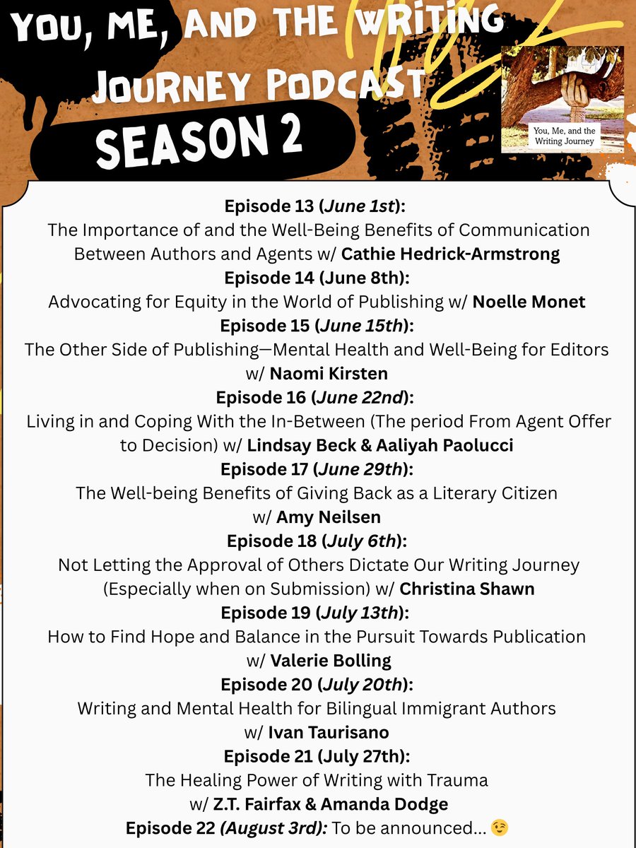 Danielle Render Turmaud, PhD ✨ON SUB✨ (@drenderturmaud) on Twitter photo For Season 2 of <a href="/YMWJPodcast/">You, Me, and the Writing Journey Podcast</a>, you asked to 👀the season schedule. So here it is 👇w/ SO many wonderful guests like <a href="/naomi_kirsten/">Naomi Kirsten</a> <a href="/AmyNielsen06/">Amy's Clients Rock!</a> <a href="/IvanTaurisano/">Ivan Taurisano (Kids Editor)</a> <a href="/ChristinaShawn2/">Christina Shawn - order AND THEN CAME YOU</a> <a href="/alpaolucci/">Aaliyah is agented🌸</a> <a href="/ZTFairfax/">Z. T. Fairfax</a> <a href="/manda_dodge/">Amanda Dodge</a> <a href="/valerie_bolling/">Valerie Bolling</a> and more!! Spread the word! #writingcommunity For Season 2 of <a href="/YMWJPodcast/">You, Me, and the Writing Journey Podcast</a>, you asked to 👀the season schedule. So here it is 👇w/ SO many wonderful guests like <a href="/naomi_kirsten/">Naomi Kirsten</a> <a href="/AmyNielsen06/">Amy's Clients Rock!</a> <a href="/IvanTaurisano/">Ivan Taurisano (Kids Editor)</a> <a href="/ChristinaShawn2/">Christina Shawn - order AND THEN CAME YOU</a> <a href="/alpaolucci/">Aaliyah is agented🌸</a> <a href="/ZTFairfax/">Z. T. Fairfax</a> <a href="/manda_dodge/">Amanda Dodge</a> <a href="/valerie_bolling/">Valerie Bolling</a> and more!! Spread the word! #writingcommunity