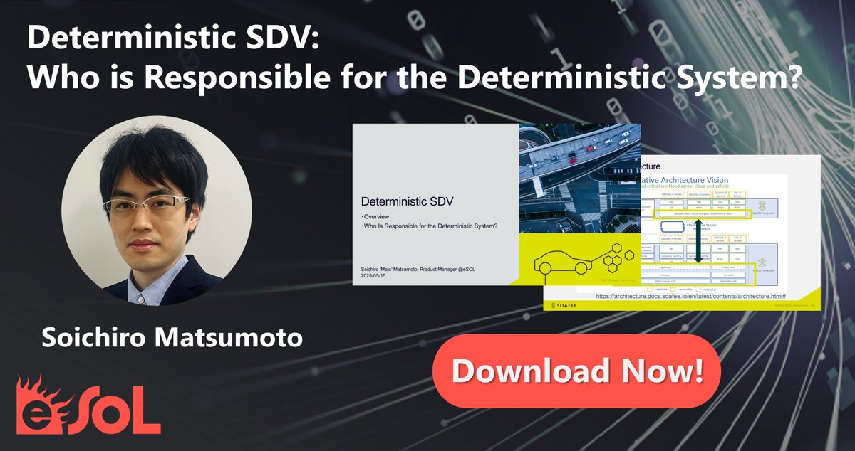 eSOL_Global's tweet image. At the recent SOAFEE Seminar organized by Arm, in Japan, Soichiro Matsumoto, Product Manager and Technology Director at eSOL, gave a presentation titled "Deterministic SDV: Who Is Responsible for the Deterministic System?"
Download the presentation here: hubs.li/Q03ql1dZ0