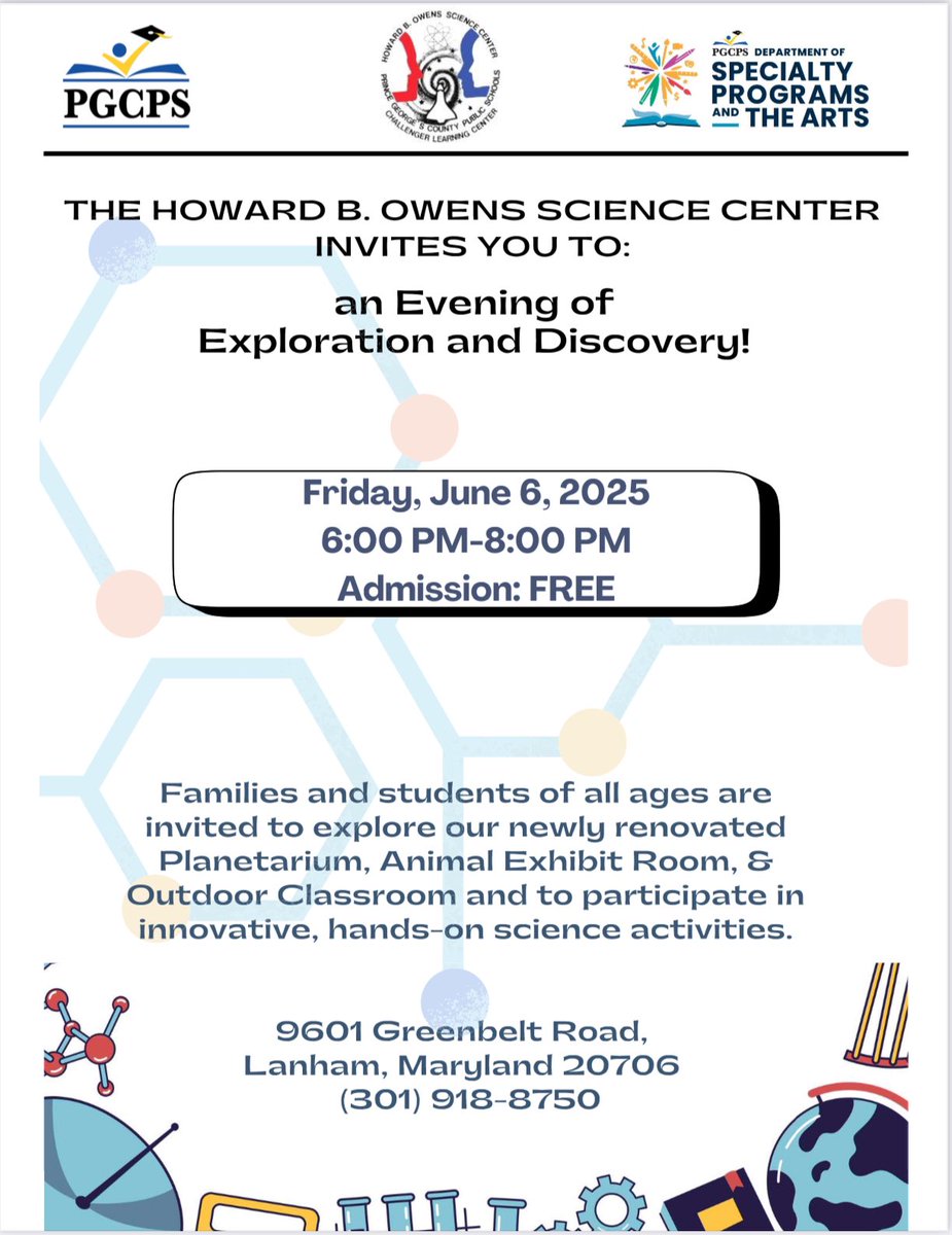 On Friday, June 6th, from 6 - 8 PM Howard B. Owens Science Center (HBOSC) will host their Spring Family Science Night. All K-12 PGCPS students are invited to attend &amp; to participate in hands-on science activities. 🪐✨🔬
<a href="/HBOSC_PGCPS/">Howard B Owens</a> <a href="/pgcps/">PGCPS</a> <a href="/PDLadyConsults/">Principal Byrd🦅</a> <a href="/CSC_Womack/">A N. Jenifer-Womack</a> <a href="/PGCPS_OCS/">PGCPS Office of Community Schools</a>