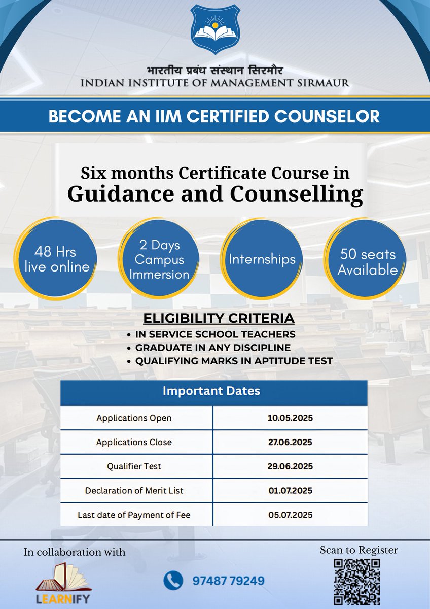 IIM Sirmaur (@iim_sirmaur) on Twitter photo In collaboration with Learnify, <a href="/IIM_Sirmaur/">IIM Sirmaur</a> invites in-service school teachers to apply for a Certificate Course in #GuidanceandCounselling. It combines live online sessions, campus immersion and hands-on #internships. For more details, please refer to the brochure. In collaboration with Learnify, <a href="/IIM_Sirmaur/">IIM Sirmaur</a> invites in-service school teachers to apply for a Certificate Course in #GuidanceandCounselling. It combines live online sessions, campus immersion and hands-on #internships. For more details, please refer to the brochure.