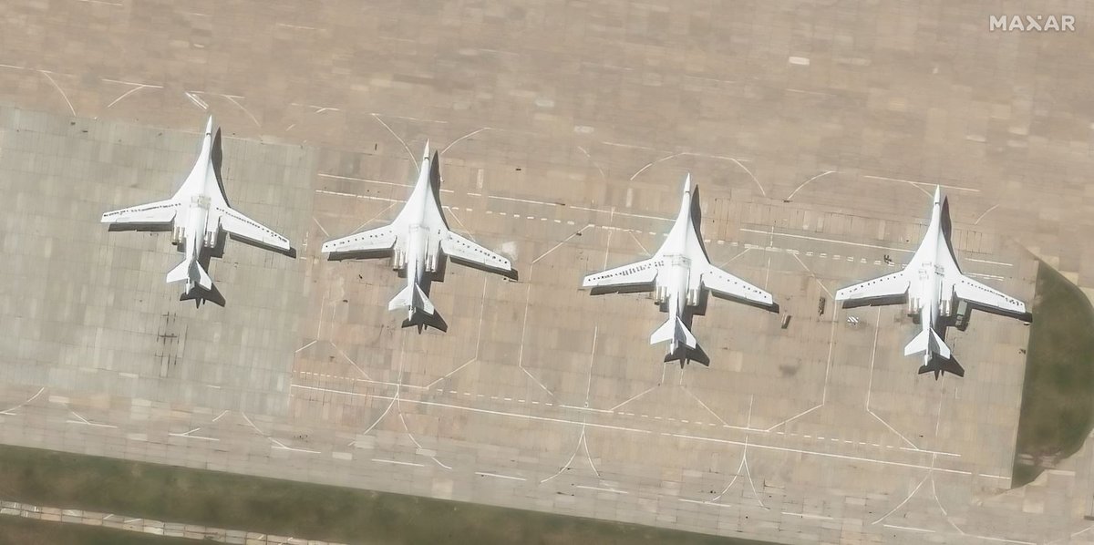 Newly released satellite imagery of the 4 Russian air bases, and parked strategic bomber, BEFORE the Ukrainian drone attack. (cloud cover is reportedly preventing quality AFTER attack imagery). Images 1-4: Belaya air base, in the Irkutsk region, May 20-22, 2025. 📸 <a href="/Maxar/">Maxar Technologies</a>