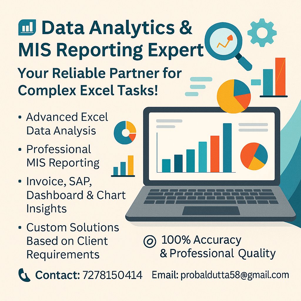 ProbalDutta7's tweet photo. Struggling with data analysis?
I’m an experienced Data Analyst &amp; Excel expert. If you’re dealing with complex or time-consuming data tasks — I can handle them professionally as per your requirements.
📞 Contact: 7278150414
📧 Email: probaldutta58@gmail.com https://t.co/nZoWTHFzjJ