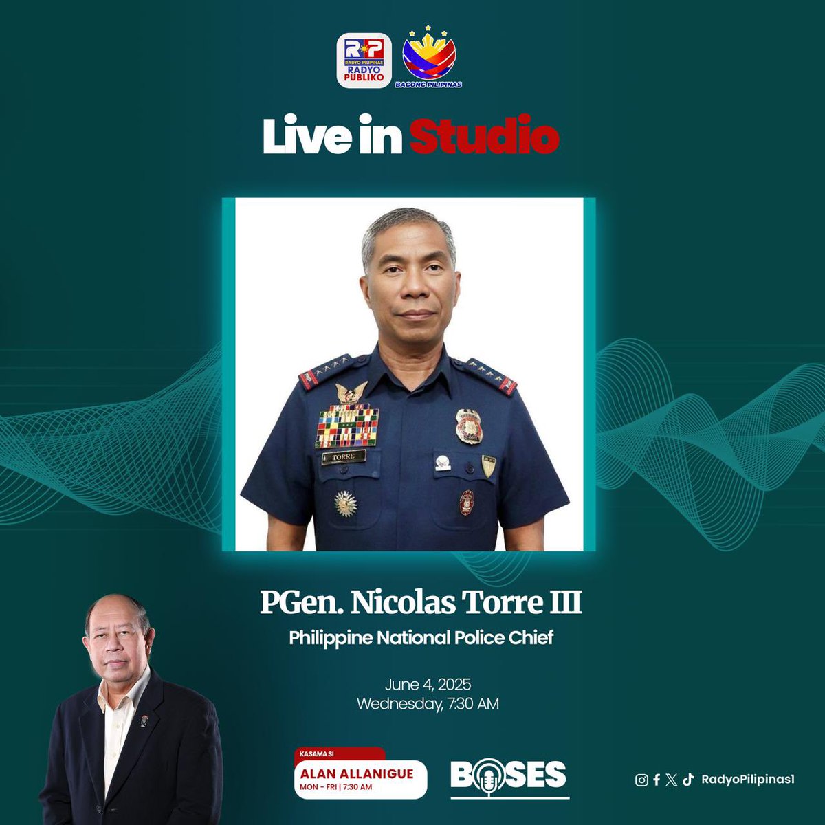 radyopilipinas1's tweet photo. ABANGAN | Sa #Boses ang bagong Philippine National Police Chief PGen. Nicolas Torre III.
Alamin ang mga plano ng PNP sa ilalim ng kanyang liderato at ang pagtugon niya sa mandato ni Pangulong Ferdinand R. Marcos Jr. para sa pagbabago at kaunlaran. Anong mga hakbangin ang inihahanda niya para sa mas ligtas at maayos na Bagong Pilipinas?
Kinig-nood tayo bukas Hunyo 4 (Miyerkules) 7:30-8:00 AM sa Radyo Pilipinas 738kHz
Channel 3 sa TVPlus at Channels 45-49 sa Affordabox
Facebook: Radyo Pilipinas
Youtube: https://t.co/RISlIJDhV2…
#RP1News
#RadyoPilipinas
#RadyoPubliko